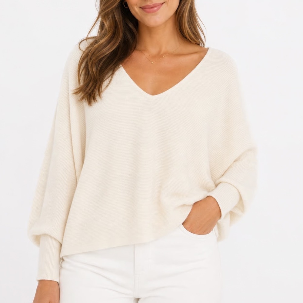 V-Neck Dolman Sweater in Cream - Women